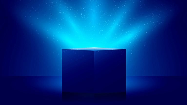 Mystery box opening with illuminated lighting on a dark blue background