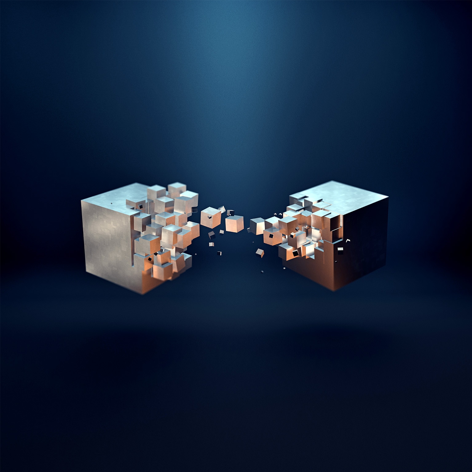 An abstract image of two metallic golden cube formations with smaller cube pieces connecting and transferring between them.