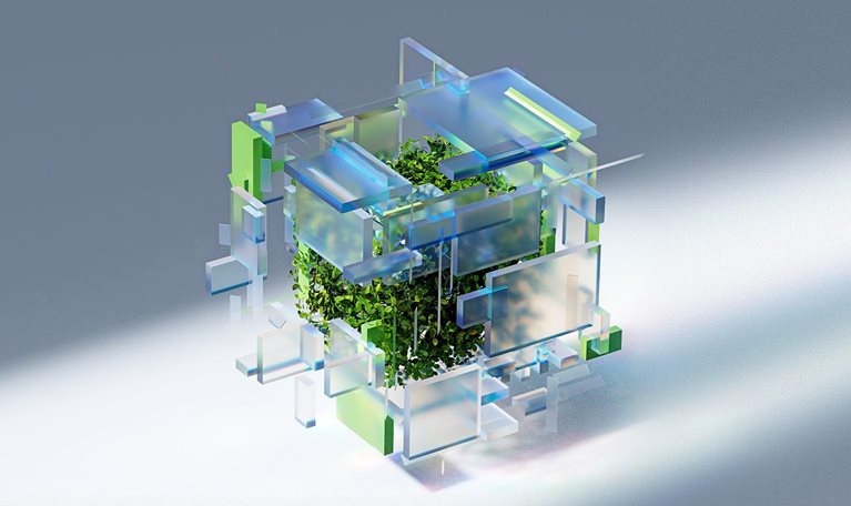 Abstract 3d cube-shaped image of glass panels surrounding and enclosing a plant.