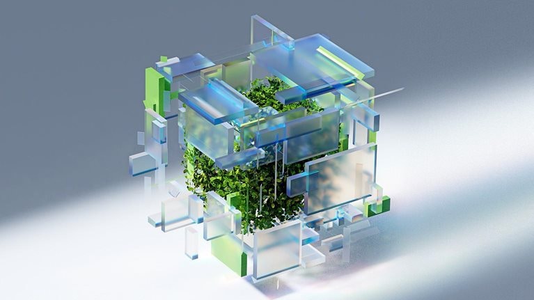 Abstract 3d cube-shaped image of glass panels surrounding and enclosing a plant.