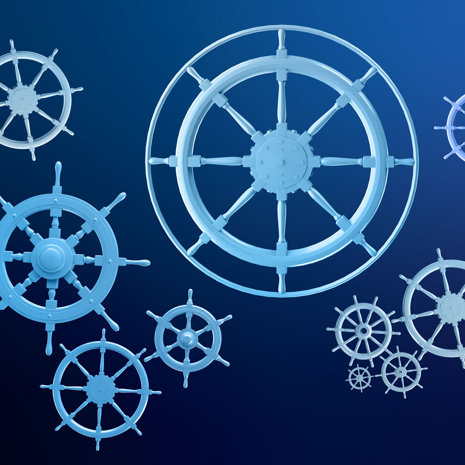 Multiple blue-toned ship wheels