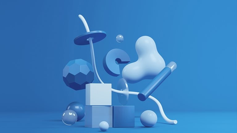Three dimensional render of blue and white geometric shapes floating against blue background