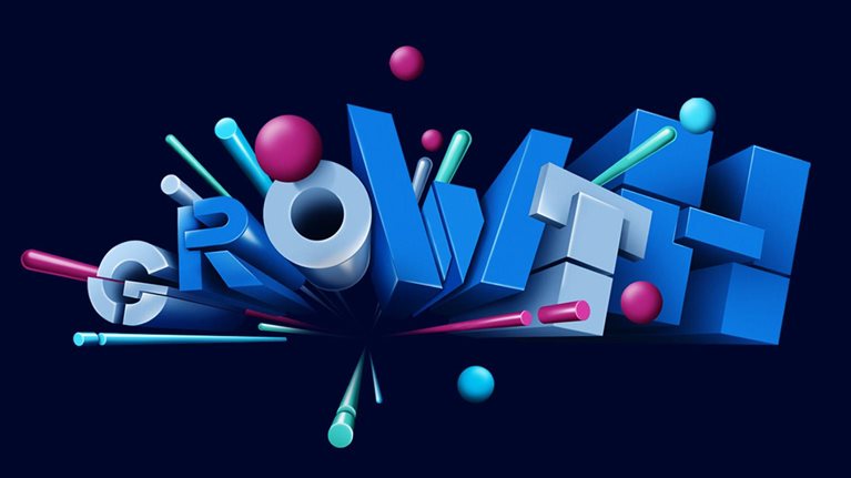 The word GROWTH rapidly scales up to fill the entire screen. Each letter is built from multiple geometric shapes, nudged together to create a bold and dynamic structure. As it scales up, surrounding spheres and cylinders grow and shift in tandem, adding energy and movement.