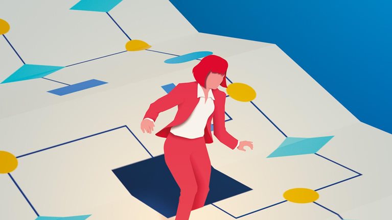 A female CEO is climbing out of a cut-out hole in a paper flowchart.