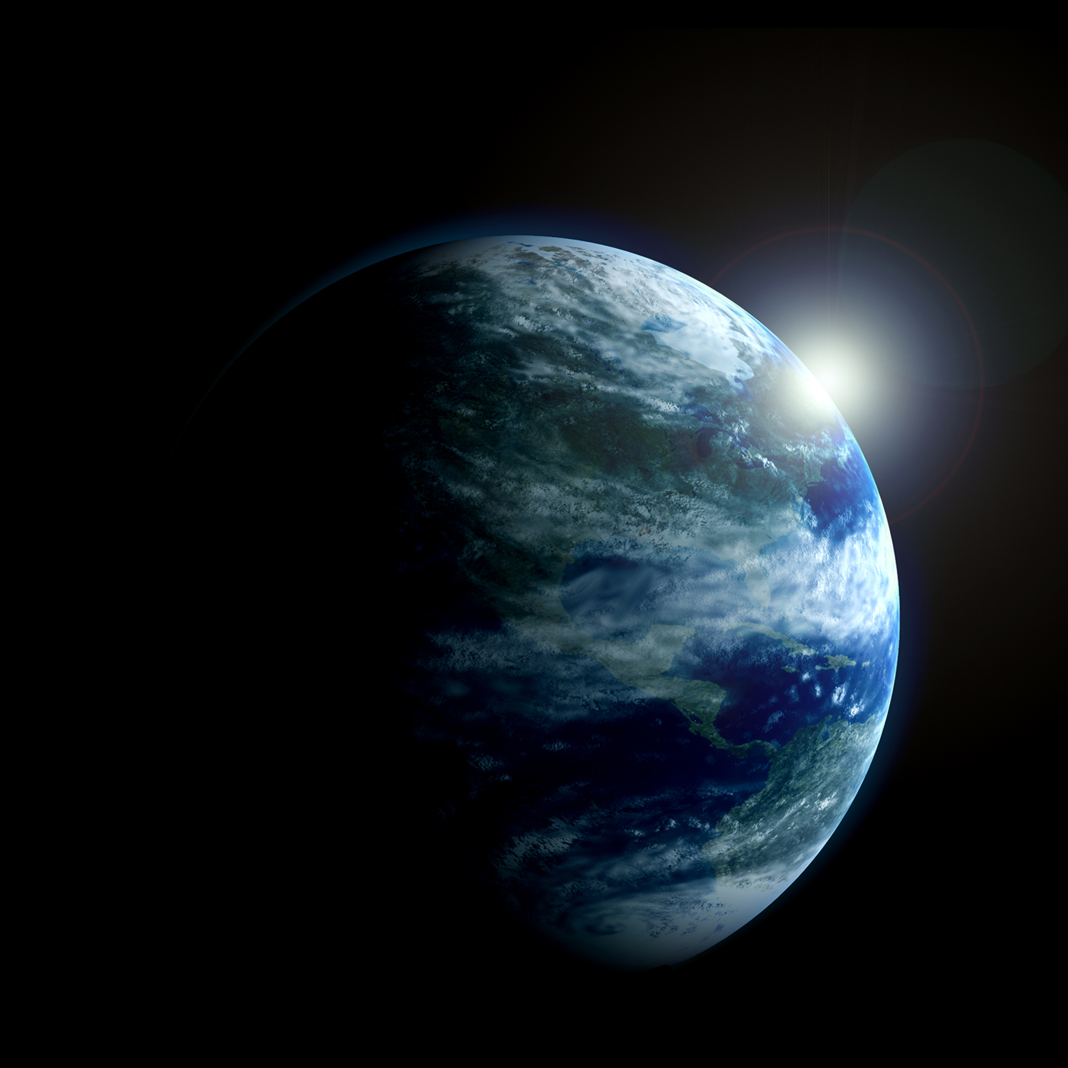 A partially illuminated Earth with the Americas visible as sunlight emerges from behind the planet.