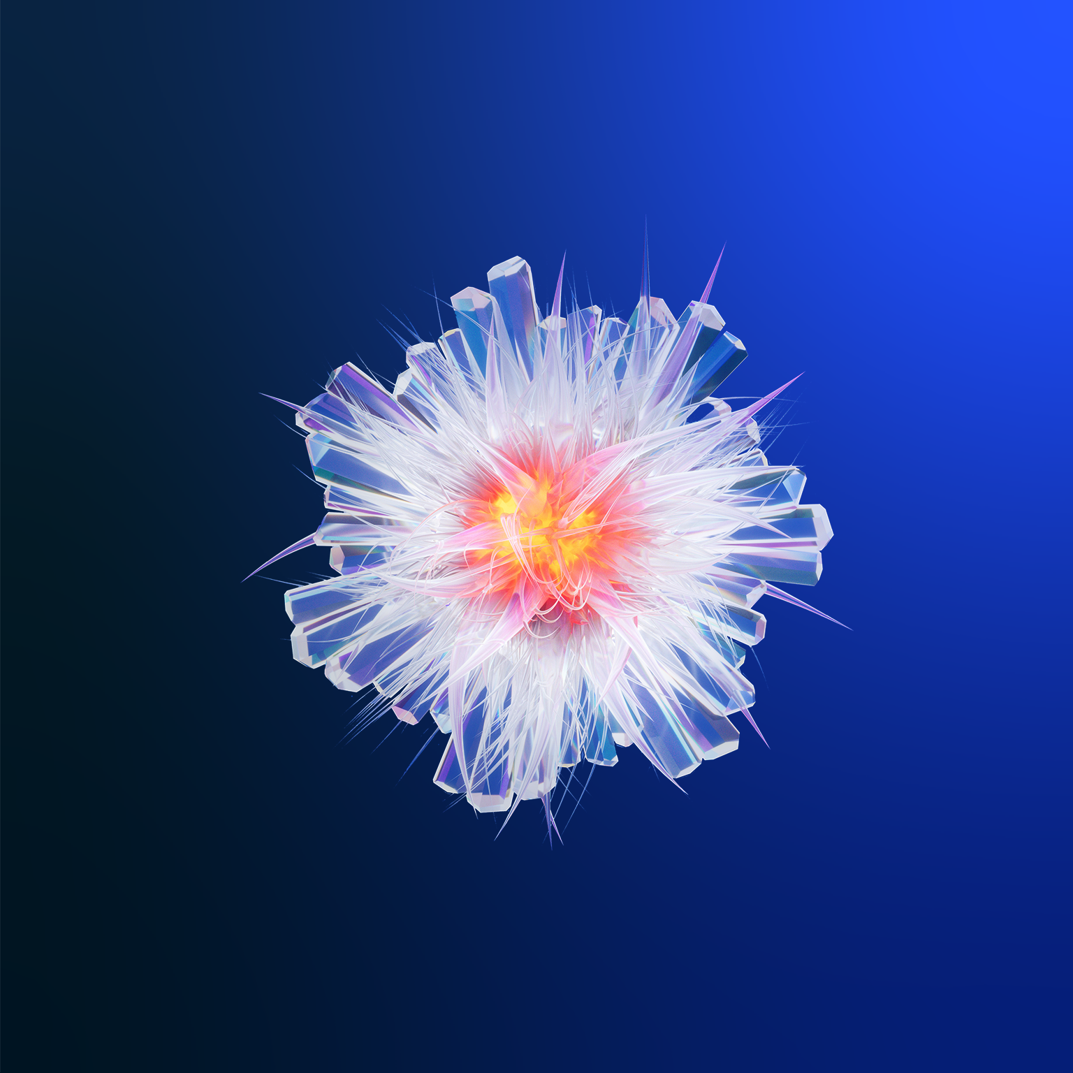 A 3D rendering of a blue crystal flower in full bloom against a dark blue background.