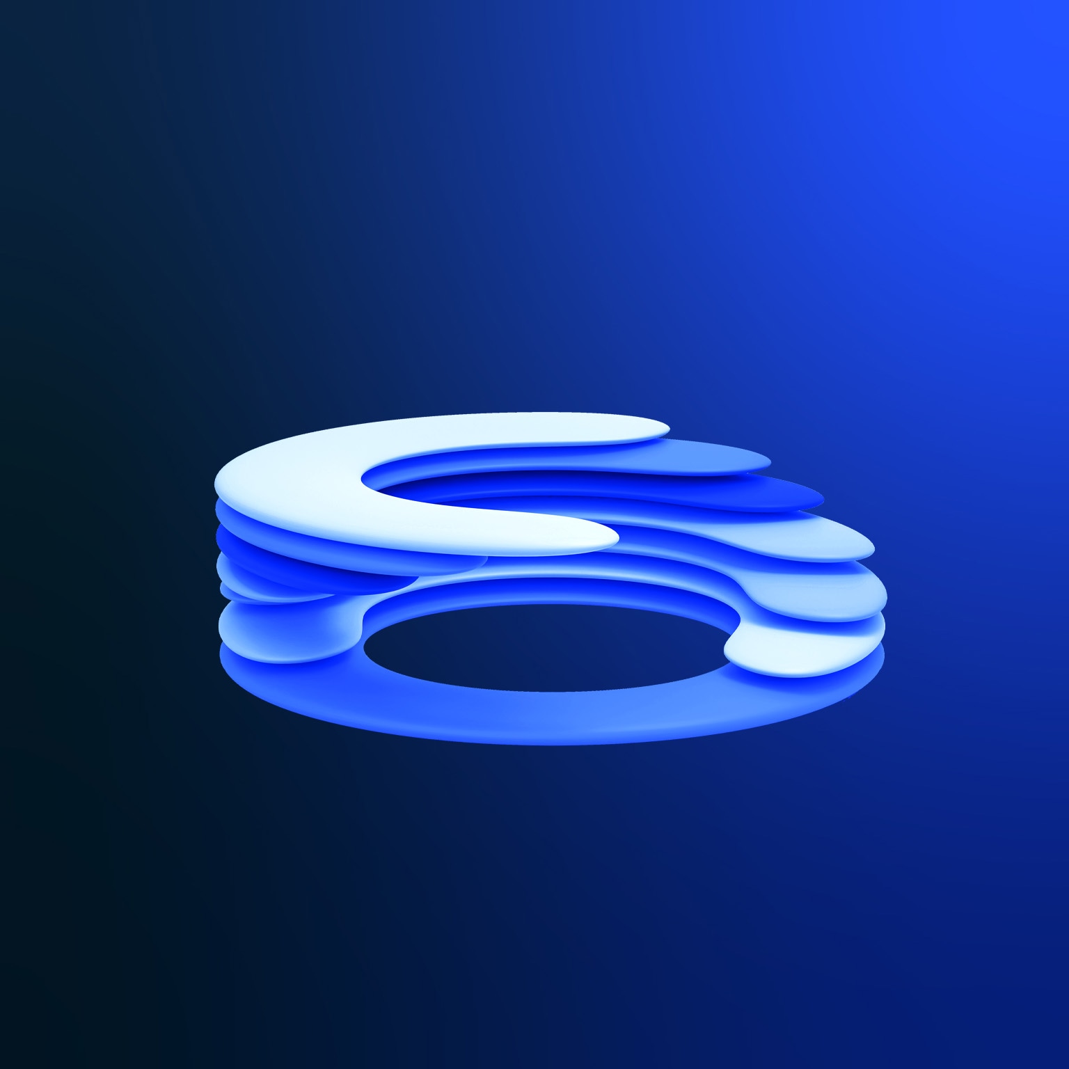 A 3D rendering of a blue and white abstract shape. The shape is composed of a series of overlapping, curved elements that form a ring-like structure.