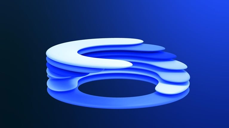 A 3D rendering of a blue and white abstract shape. The shape is composed of a series of overlapping, curved elements that form a ring-like structure.