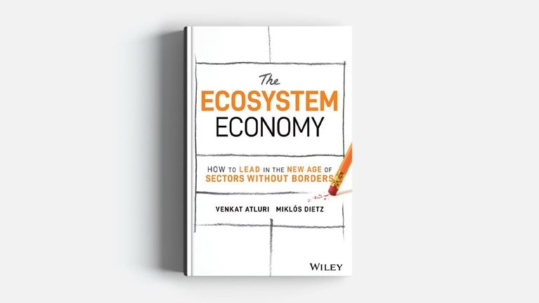 The Ecosystem Economy book cover on a light gray background. The cover has title words in medium weight lettering with pencil drawn outlines around them. A pencil reaches into the frame erasing part of a line.