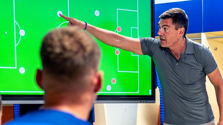 Soccer coach showing players positioning on screen