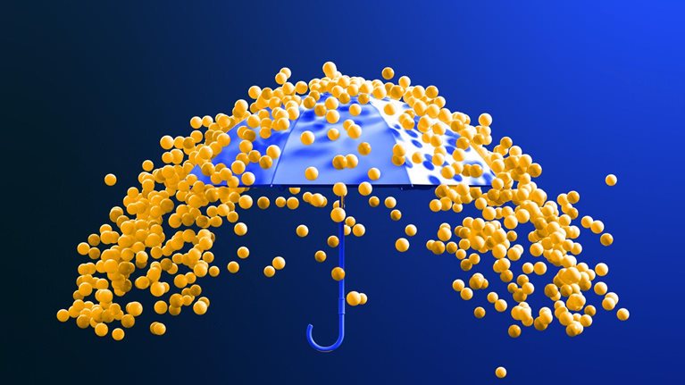 A dark blue background serves as the backdrop for a blue umbrella, while a plethora of small yellow spheres tumble down onto and around it.