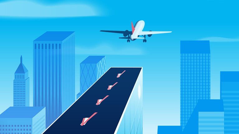 In the city skyline, a rooftop becomes a runway as a plane lifts off into the sky. In the middle of the runway are dividers shaped like checkboxes, each one marked with a checkmark.