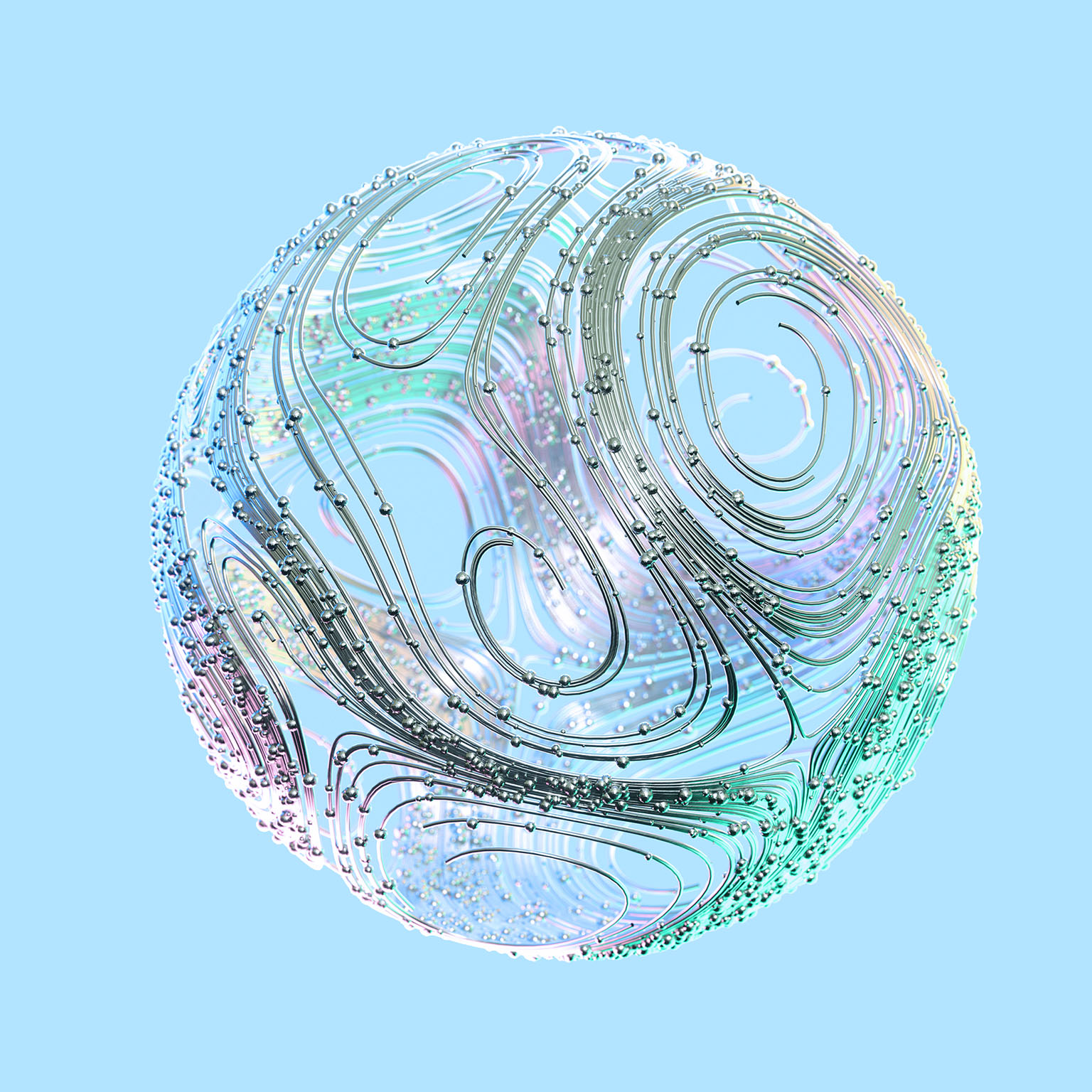 Digital generated image of multicoloured sphere made out of twisted turbulent spline connections