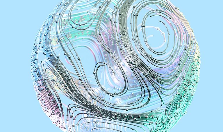 Digital generated image of multicoloured sphere made out of twisted turbulent spline connections