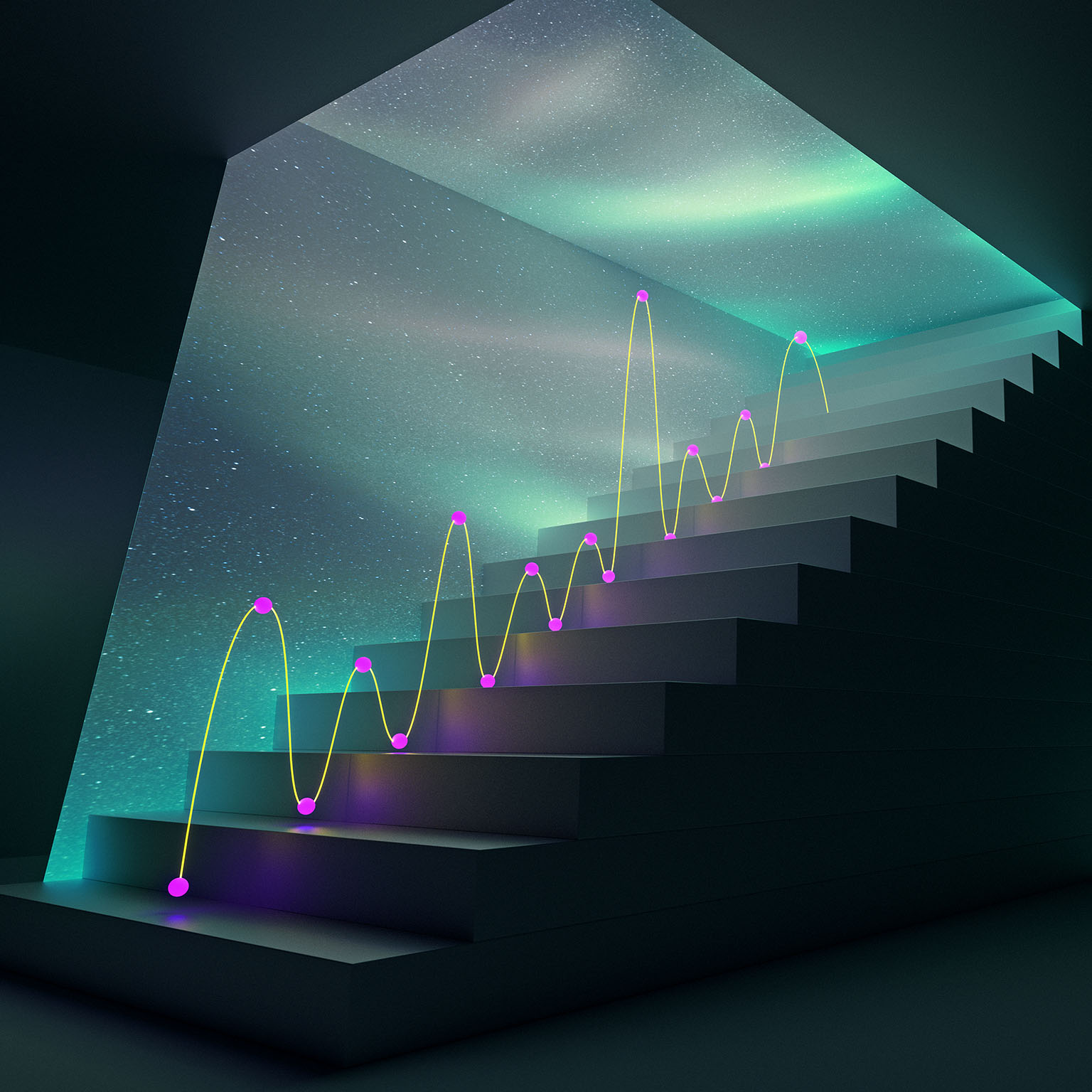  A wavy graph leading up a set of illuminated stairs
