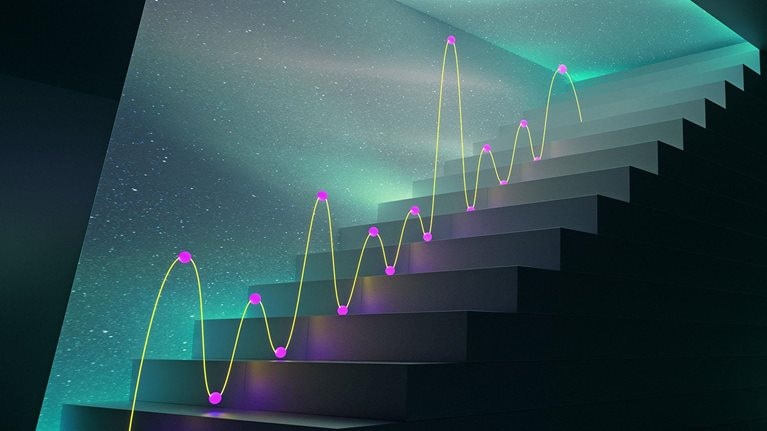 A wavy graph leading up a set of illuminated stairs