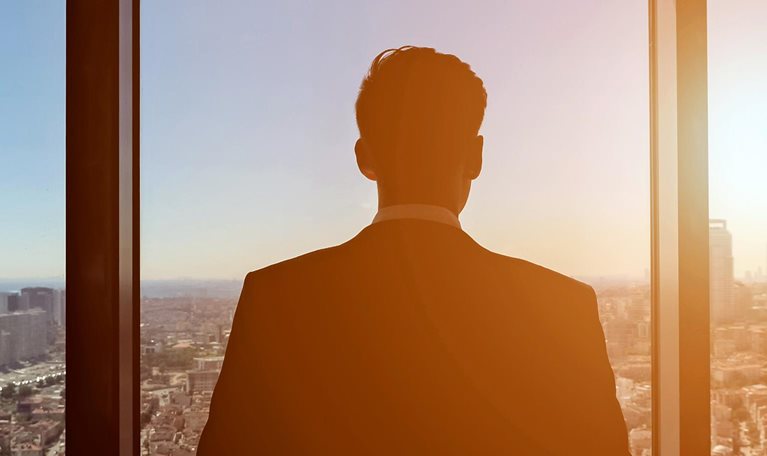 Businessman looking at panoramic city view through a window