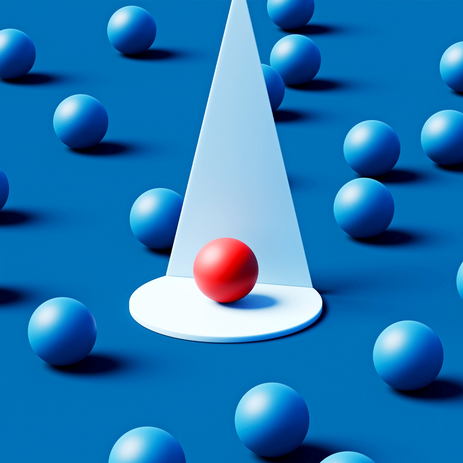 A single red sphere rests on a white circular platform beneath a focused cone of light, standing out vividly among numerous blue spheres scattered across a deep teal background.