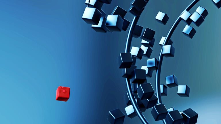 Numerous small blue cubes swirl in curved, ring-like paths, forming a dynamic, abstract structure against a gradient background. A single red cube breaks away from the others.