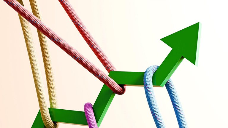 Dynamic conceptual image of a green arrow zig-zagging upwards, tugged in various directions by colorful ropes. 
