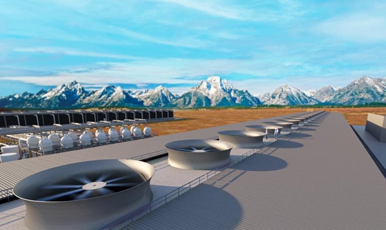 Artist rendering of what a large-scale DAC facility that uses Carbon Engineering’s DAC technology could look like.