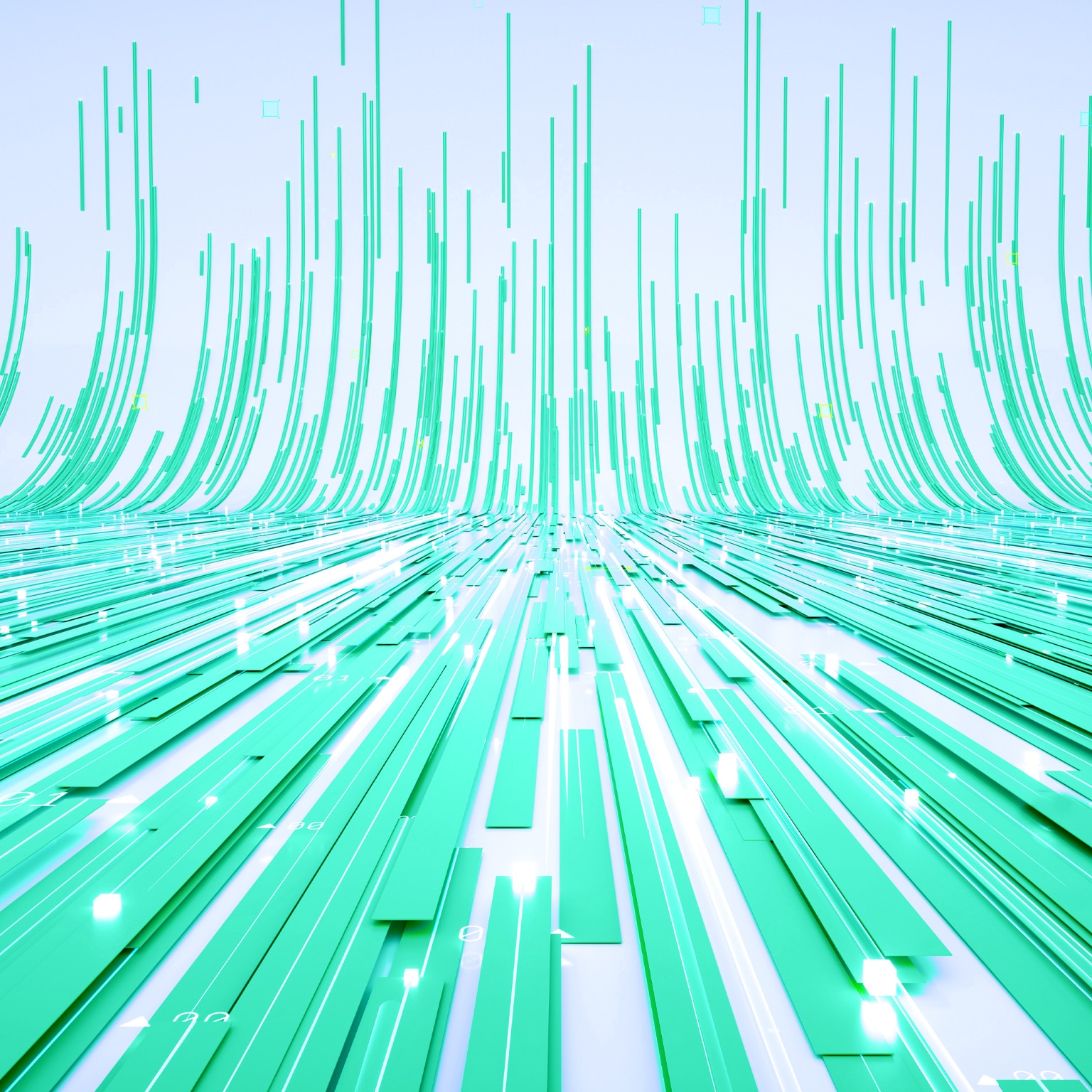 Abstract aqua green lines and rectangular shapes flow across a surface and curve upward into the distance.
