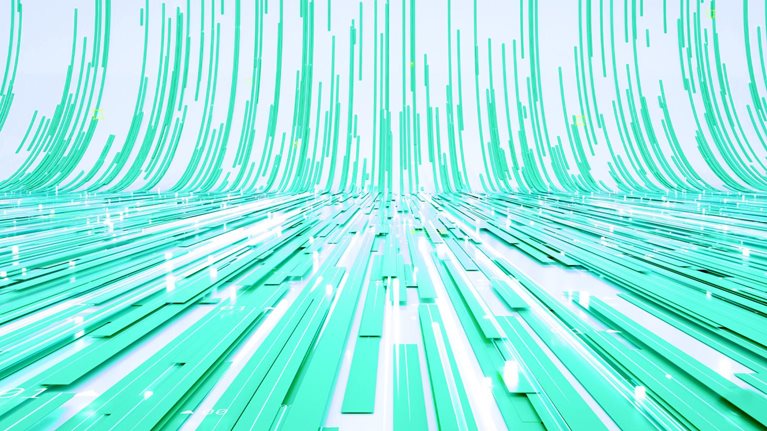 Abstract aqua green lines and rectangular shapes flow across a surface and curve upward into the distance.
