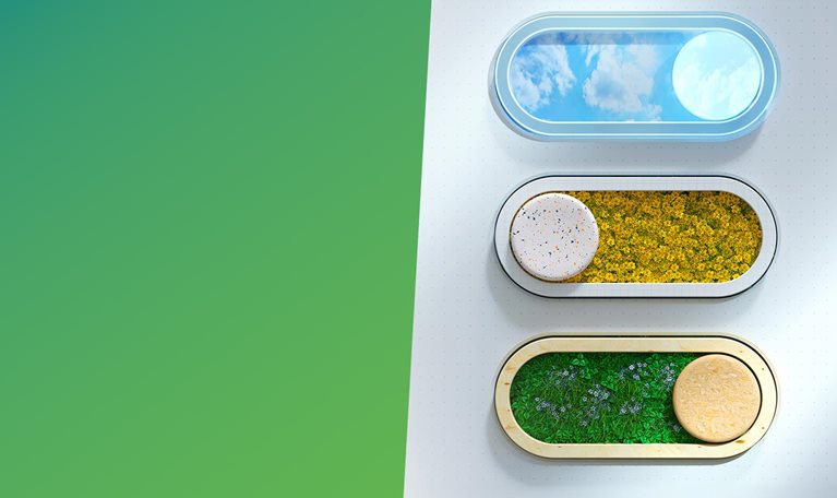 Digital generated image of sustainable horizontal bar graph opening grass, flowers, and sky environment.