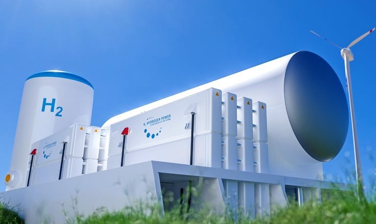 3D rendering of hydrogen energy tanks in a green field with wind turbines behind it