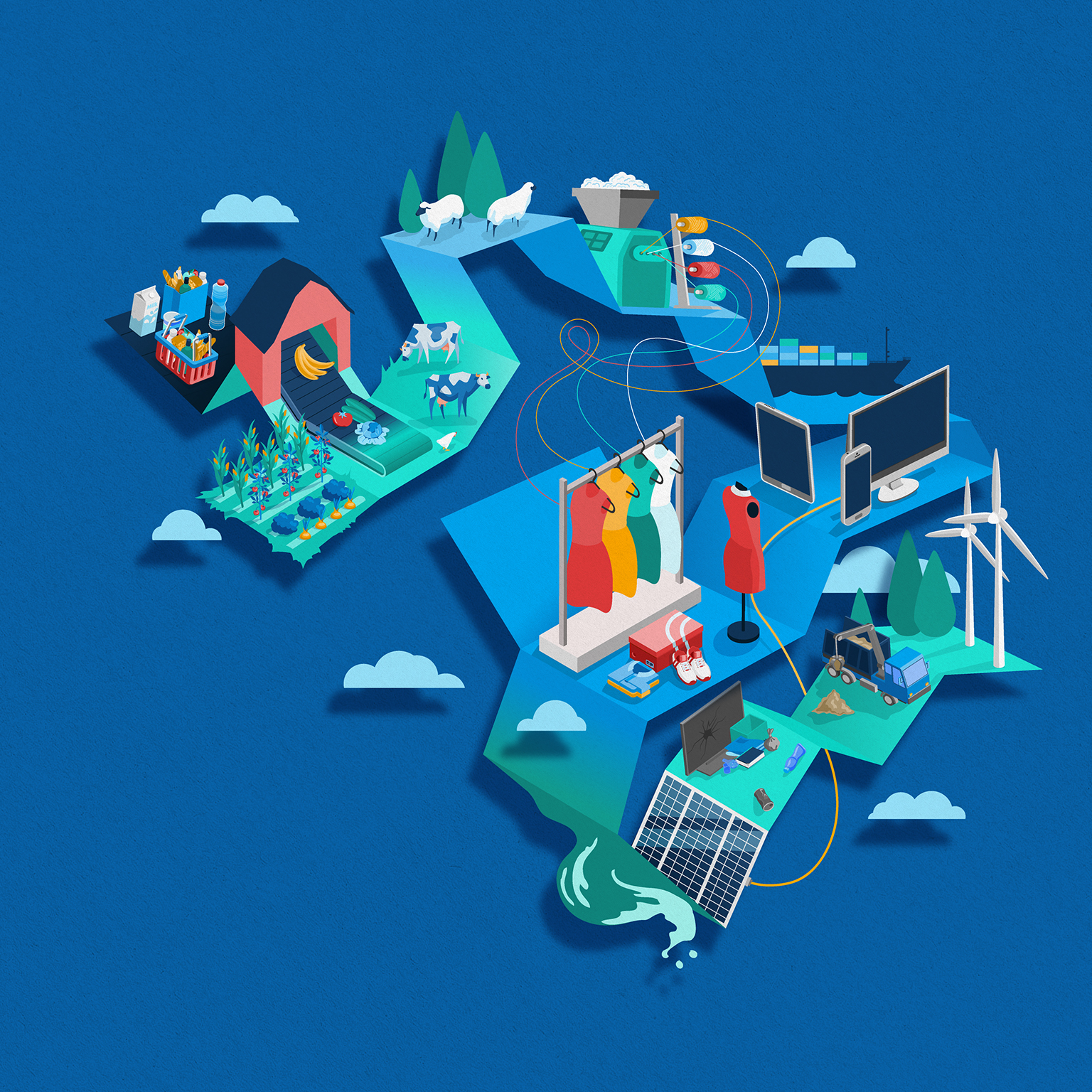 Island of retail items on path to sustainable resources - illustration