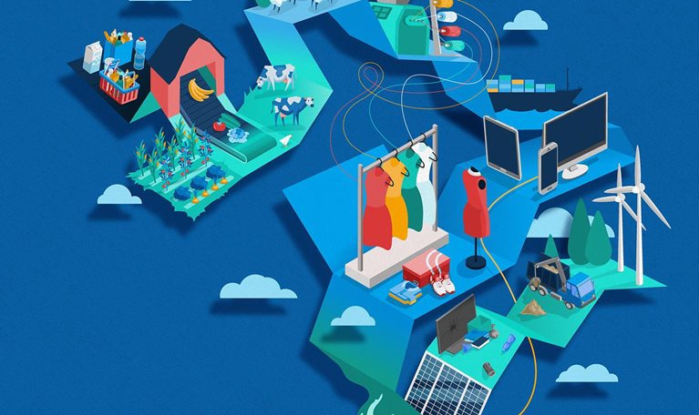Island of retail items on path to sustainable resources - illustration