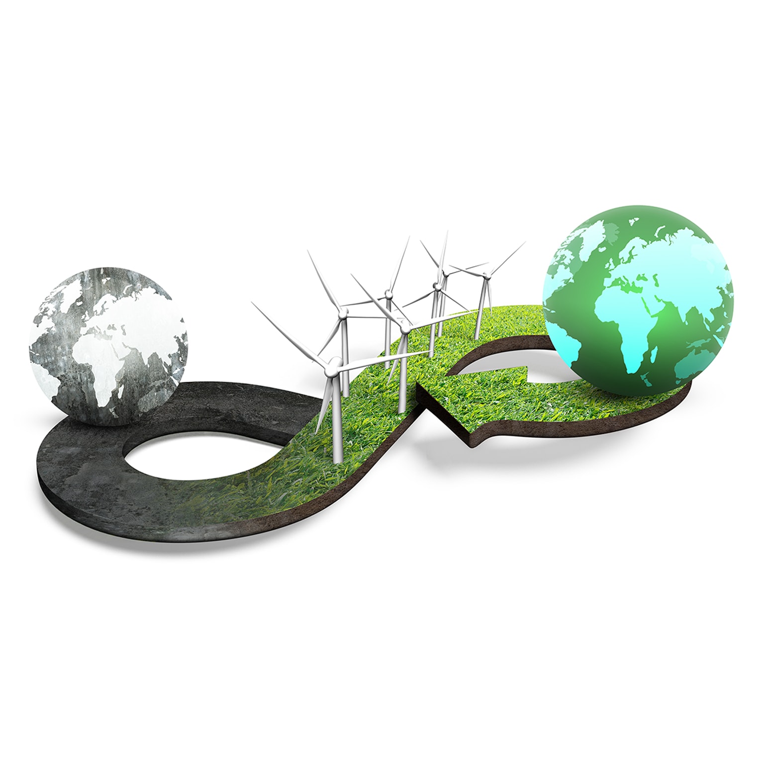 Green circular economy concept. Figure eight, leading from black and white globe on dark ground to wind turbines to full color globe on grass.