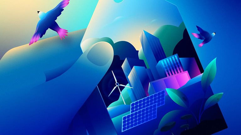 A close-up of a hand holding a price tag. On the tag is an image depicting a sustainable environment—featuring trees, modern tall buildings, a wind turbine, and solar panels. Two birds lift off from the image, flying beyond the tag and into the surrounding space.