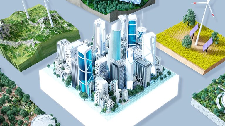 Digital image of a futuristic sustainable city on a cube of land floating over a solid field of light blue. Multiple cubes of land with alternative energy sources float nearby. The alternative energies include, solar, wind turbines, nuclear, and hydrogen.