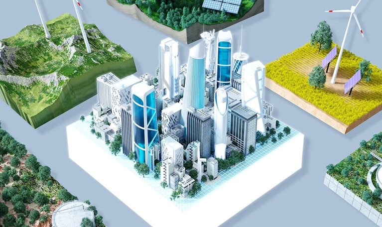 Digital image of a futuristic sustainable city on a cube of land floating over a solid field of light blue. Multiple cubes of land with alternative energy sources float nearby. The alternative energies include, solar, wind turbines, nuclear, and hydrogen.