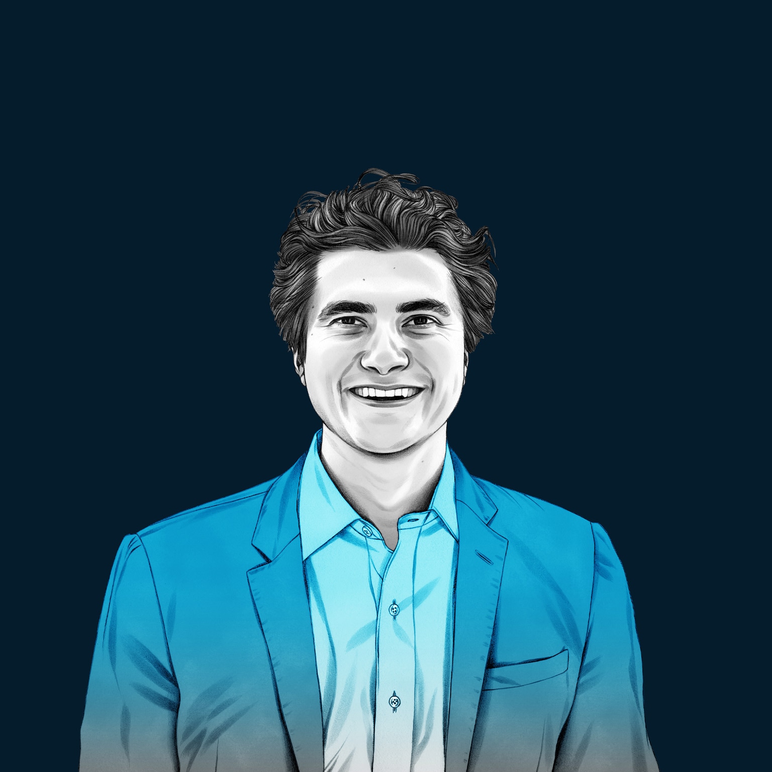 A hand-drawn illustration of Chase Lochmiller, smiling with loose-structured hair and wearing a blazer over a collared shirt. The drawing features precise lines and subtle shading, using black and white tones for her face and blues for her attire.