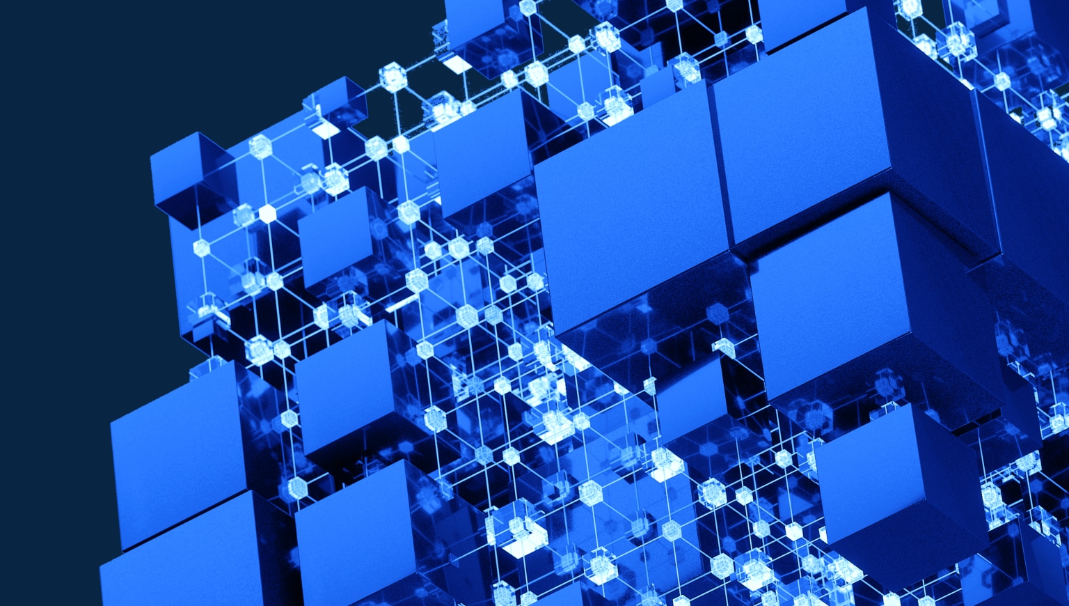 Abstract digital illustration: large blue cubes linked by a luminous grid of nodes on a dark background.