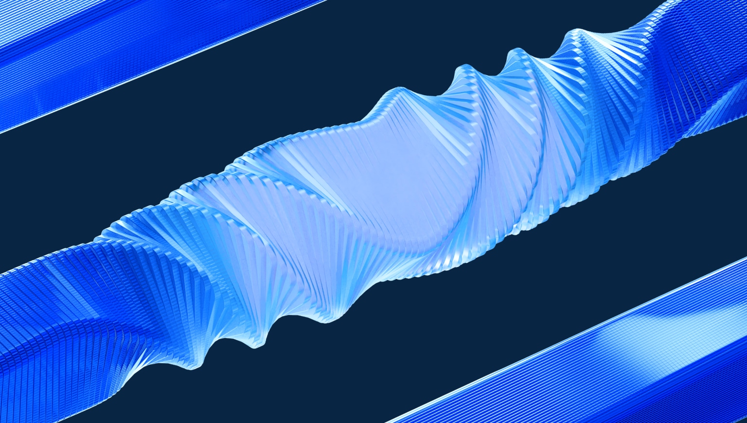 Abstract blue ribbon-like structure with wavy layers, twisting diagonally on a dark navy background.