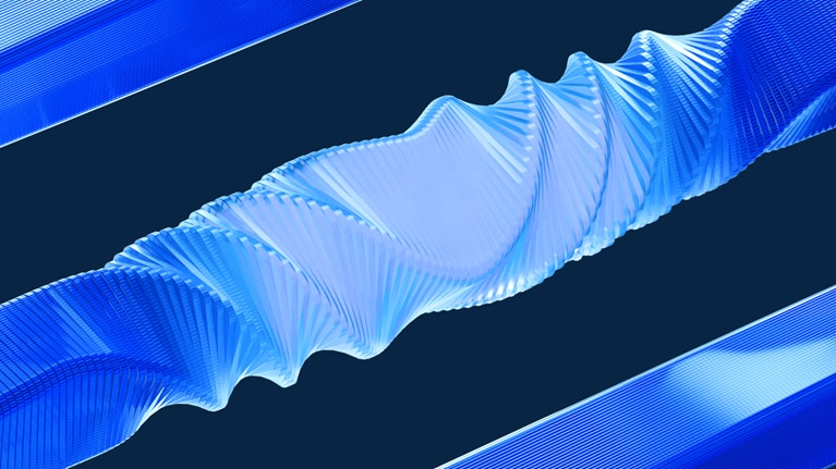 Abstract blue ribbon-like structure with wavy layers, twisting diagonally on a dark navy background.