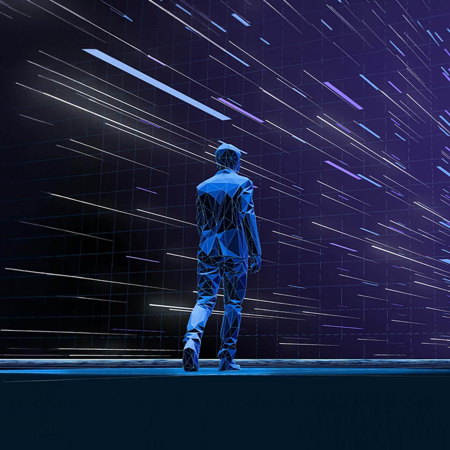 The image features a low-poly or digital mesh man walking away into a dark space filled with glowing blue and white lines.