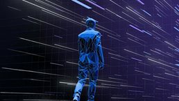 The image features a low-poly or digital mesh man walking away into a dark space filled with glowing blue and white lines.