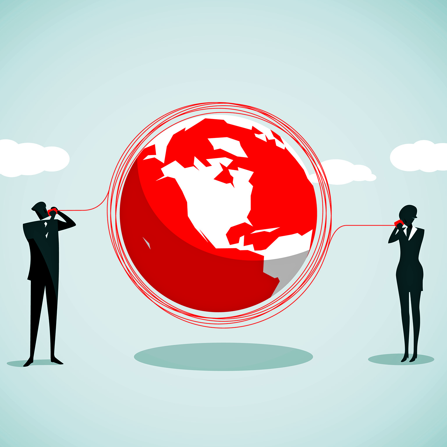 Two silhouetted businesspeople talk through a tin-can-telephone connection running across a red globe, symbolizing global communication."