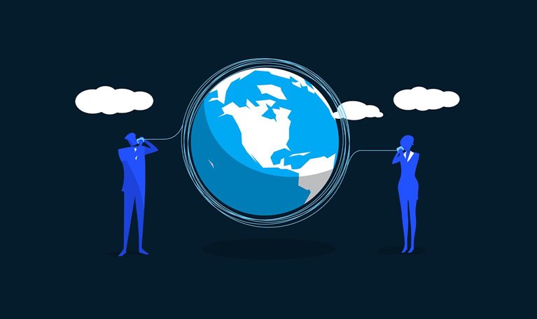 A flat-style digital illustration shows two blue human figures standing on either side of a large globe, each holding a tin-can phone to their ear, connected by a string that wraps several times around the globe.
