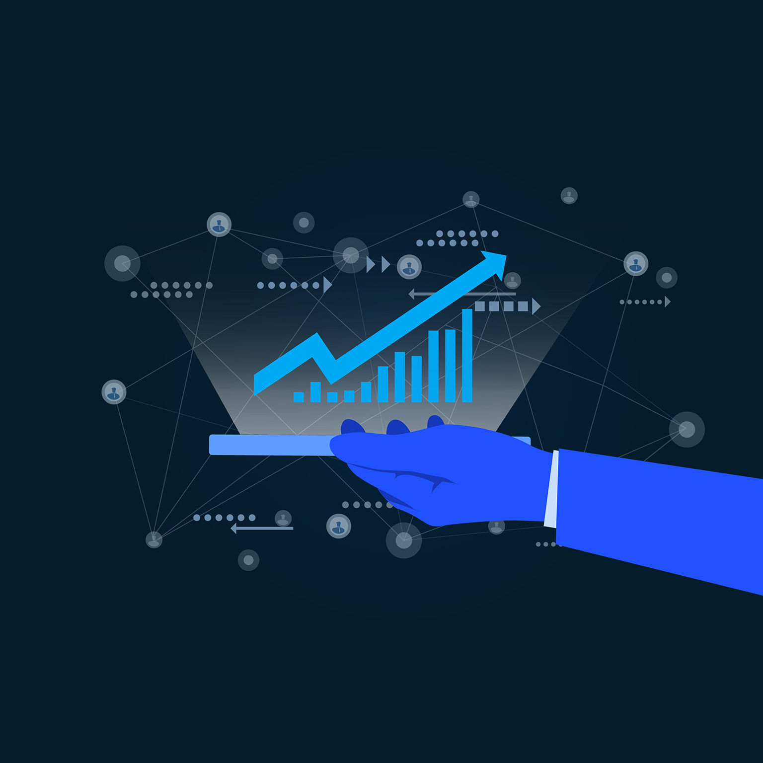 A flat-style digital illustration shows a blue-sleeved hand holding a phone or tablet that projects a glowing hologram of a rising cyan bar chart and an upward-trending arrow. Around the projection, a faint web of connected lines links small circular icons of people, with dotted lines and arrows suggesting flows of data, all set against a deep blue background. End of image description.