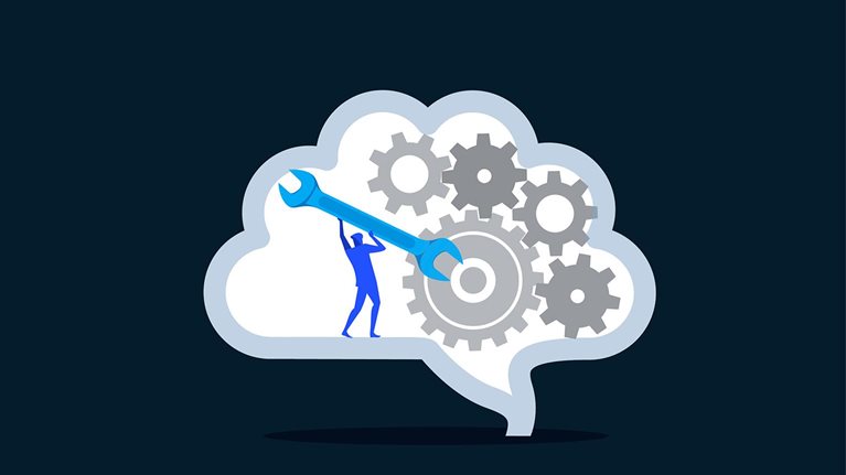 The image is a conceptual illustration representing brain repair, cognitive optimization, and critical thinking. Key Elements: A human silhouette uses a blue wrench to adjust a system of interlocking gears inside a stylized, white brain outline on a dark background.