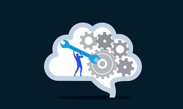 The image is a conceptual illustration representing brain repair, cognitive optimization, and critical thinking. Key Elements: A human silhouette uses a blue wrench to adjust a system of interlocking gears inside a stylized, white brain outline on a dark background.