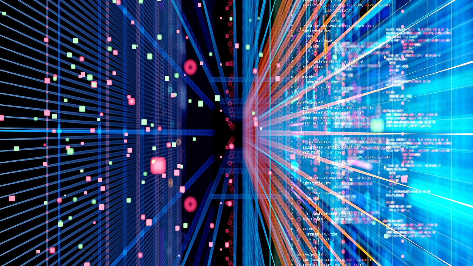 Abstract digital scene showing streams of data, colorful lines, and floating code elements converging in a futuristic network environment