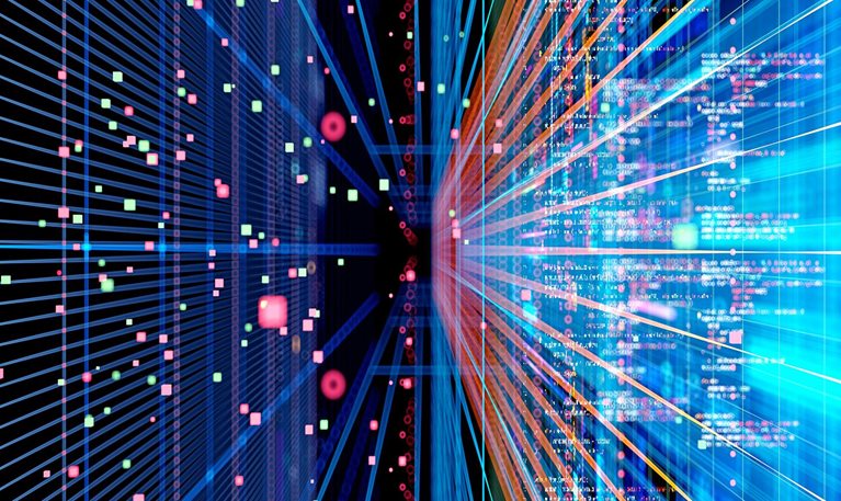 Abstract digital scene showing streams of data, colorful lines, and floating code elements converging in a futuristic network environment
