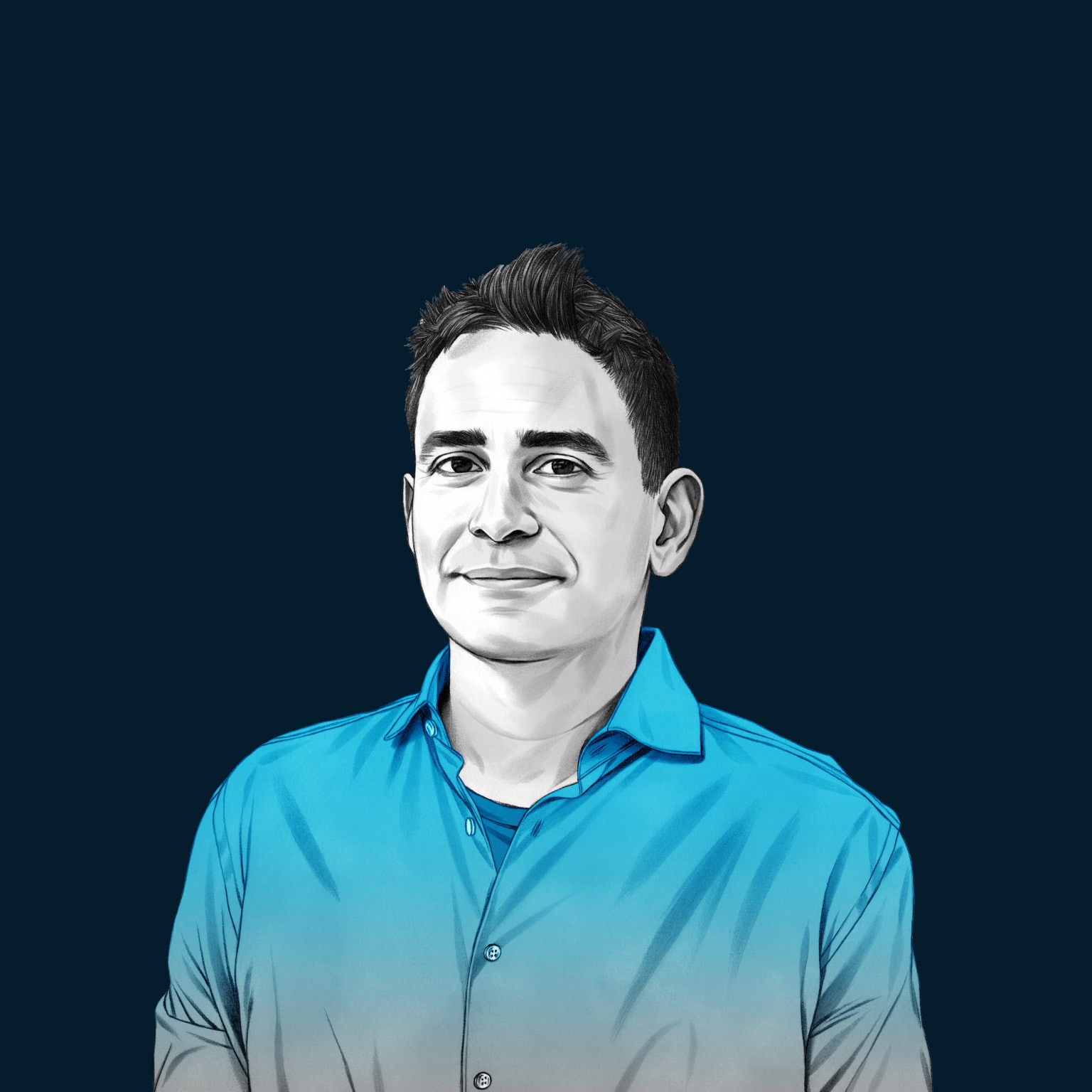 A hand-drawn illustration of Elad Gil, with a light smile, short dark hair and wearing a collared shirt. The drawing features precise lines and subtle shading, using black and white tones for her face and blues for her attire.