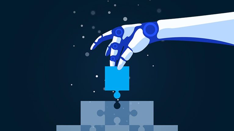 A flat-style digital illustration shows a white and blue robotic humanoid hand reaching down to place a bright cyan puzzle piece into a gap at the top of a pyramid of gray-blue puzzle pieces. Small dots and circles float around the hand, all set against a deep blue background.